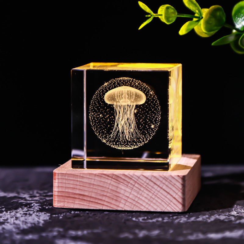 Galaxy Crystal Cube Night Light with Wooden Base