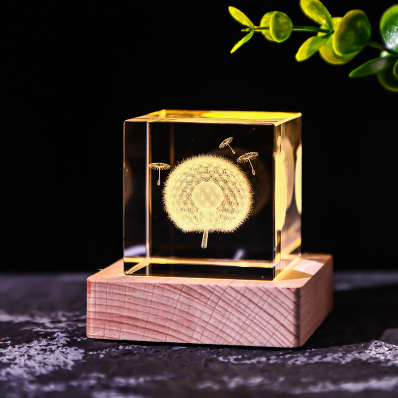 Galaxy Crystal Cube Night Light with Wooden Base