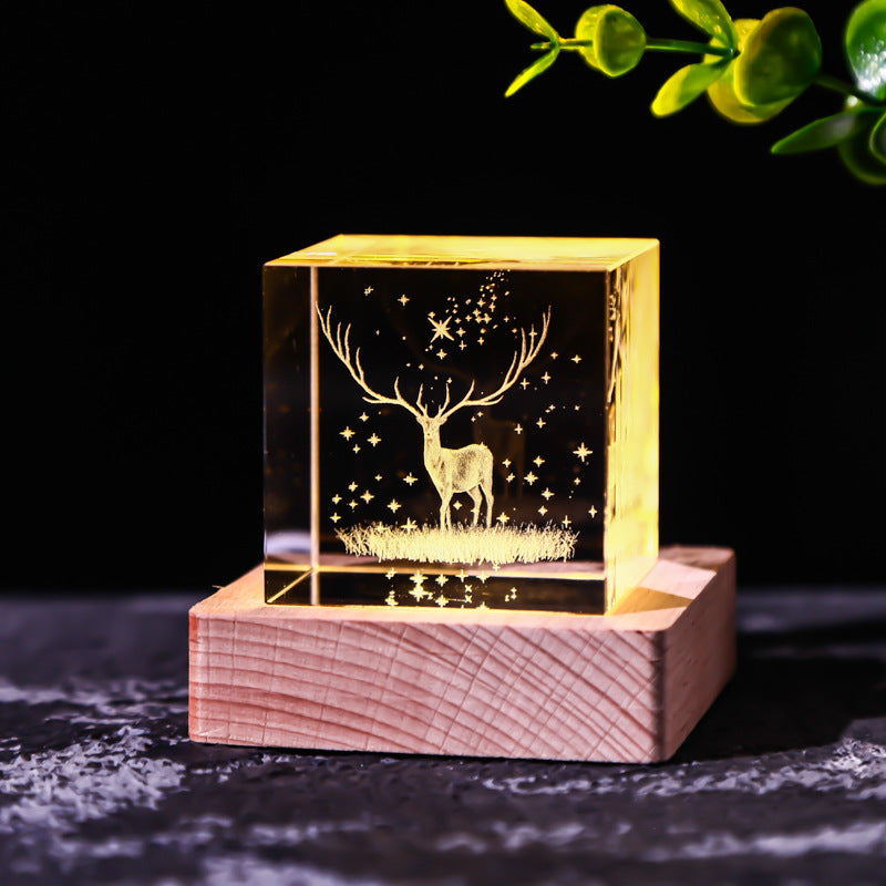 Galaxy Crystal Cube Night Light with Wooden Base