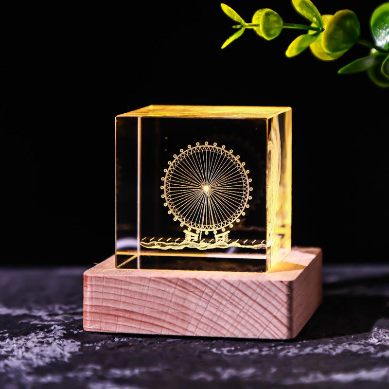 Galaxy Crystal Cube Night Light with Wooden Base