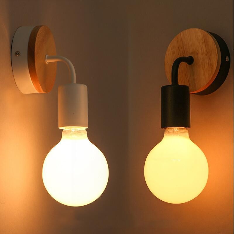 Solid Wood LED Wall Lamp with Iron Frame for Bedroom