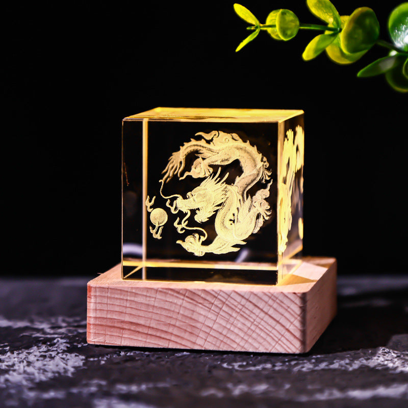 Galaxy Crystal Cube Night Light with Wooden Base