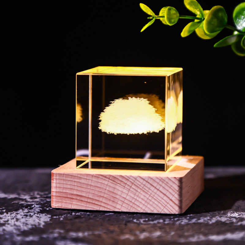 Galaxy Crystal Cube Night Light with Wooden Base